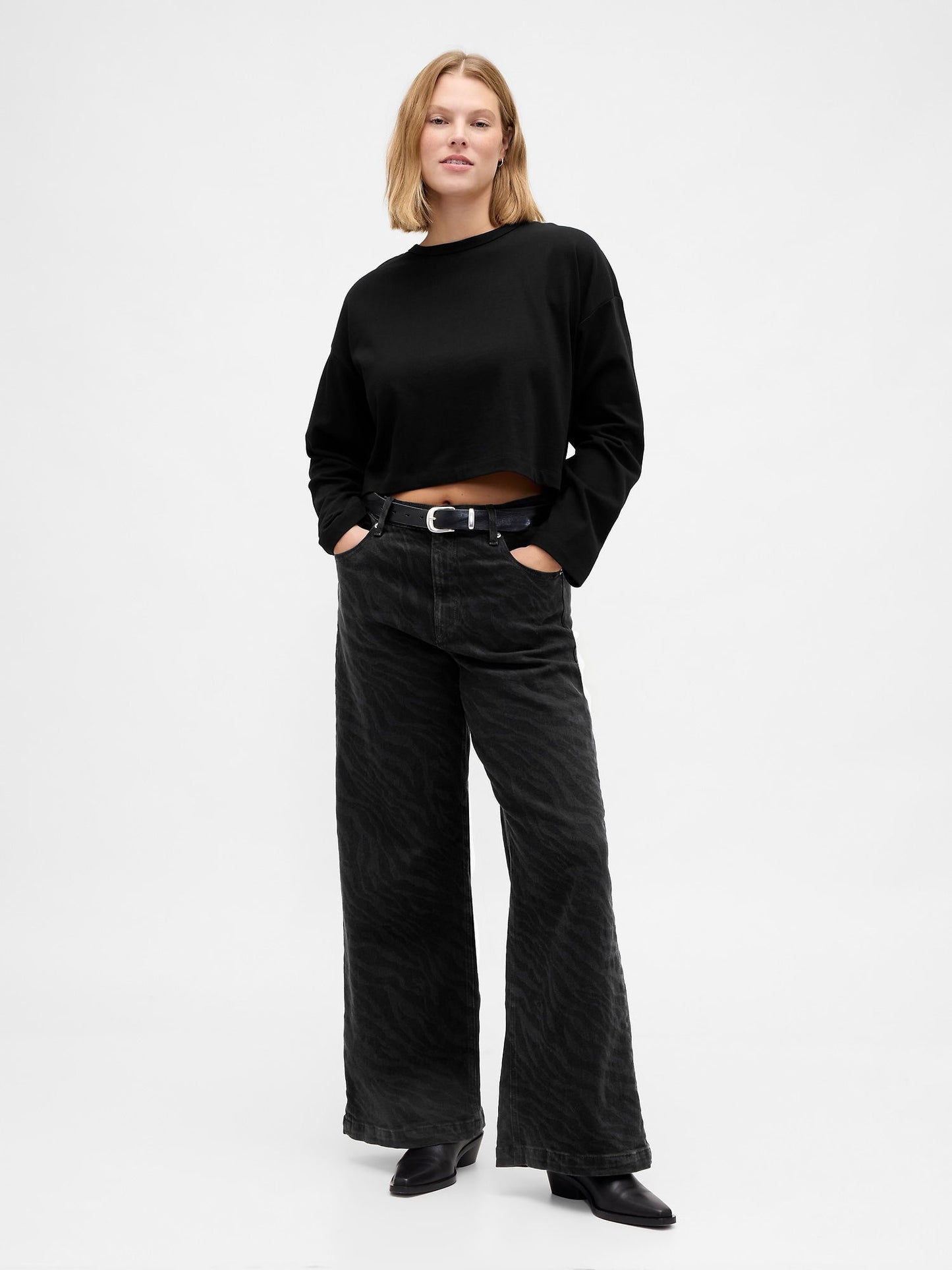 Siyah High Rise Stride Wide-leg Jean Pantolon