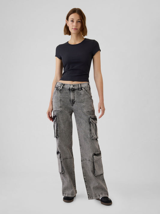 Siyah Mid Rise Double Cargo '90s Loose Jean Pantolon