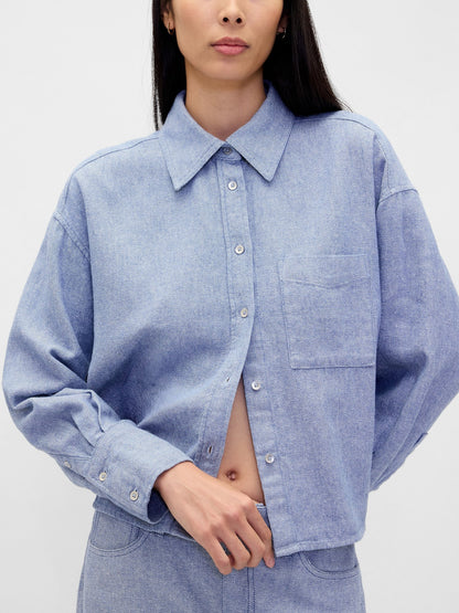 Açık Mavi Keten Karışımı Oversized Gömlek