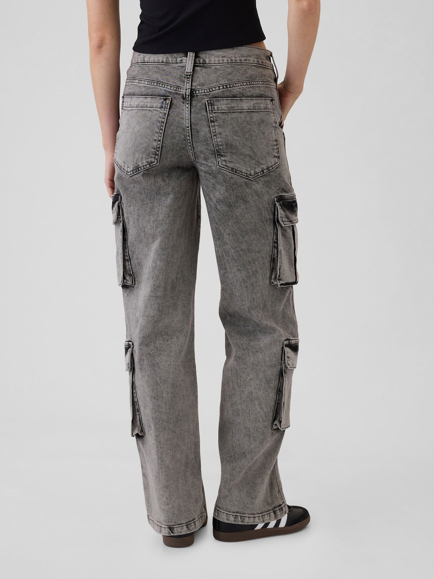 Siyah Mid Rise Double Cargo '90s Loose Jean Pantolon