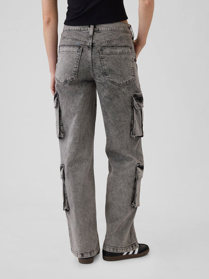 Siyah Mid Rise Double Cargo '90s Loose Jean Pantolon