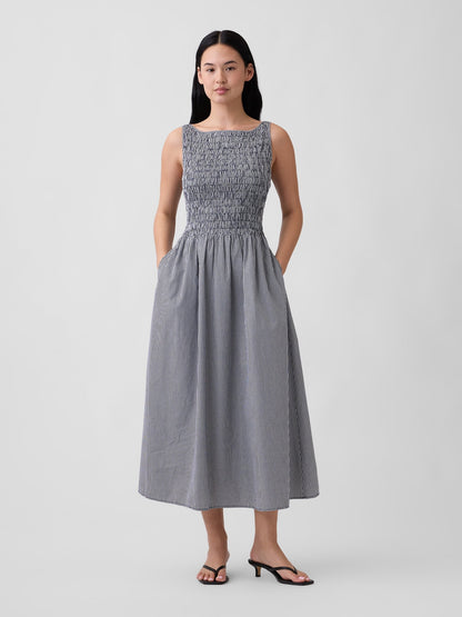 Lacivert Smocked Boatneck Maxi Elbise