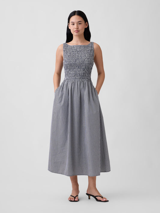 Lacivert Smocked Boatneck Maxi Elbise