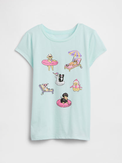 Açık Mavi Grafik Baskılı T-shirt