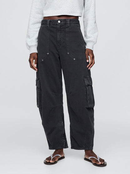 Siyah Mid Rise Barrel Kargo Pantolon