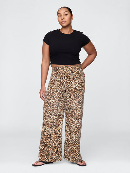 Kahverengi Mid Rise Ultrasoft Leopar Baggy Jean Pantolon