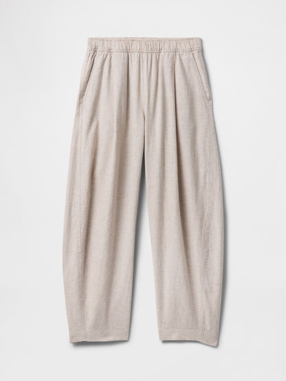 Bej Mid Rise Keten Karışımlı Barrel Pantolon