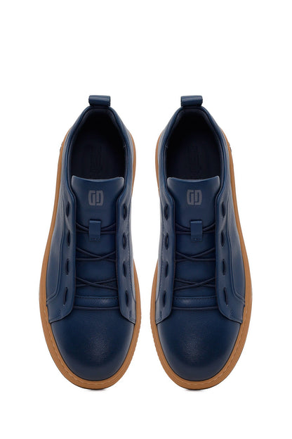 Erkek Lacivert Bağcıklı Deri Sneaker