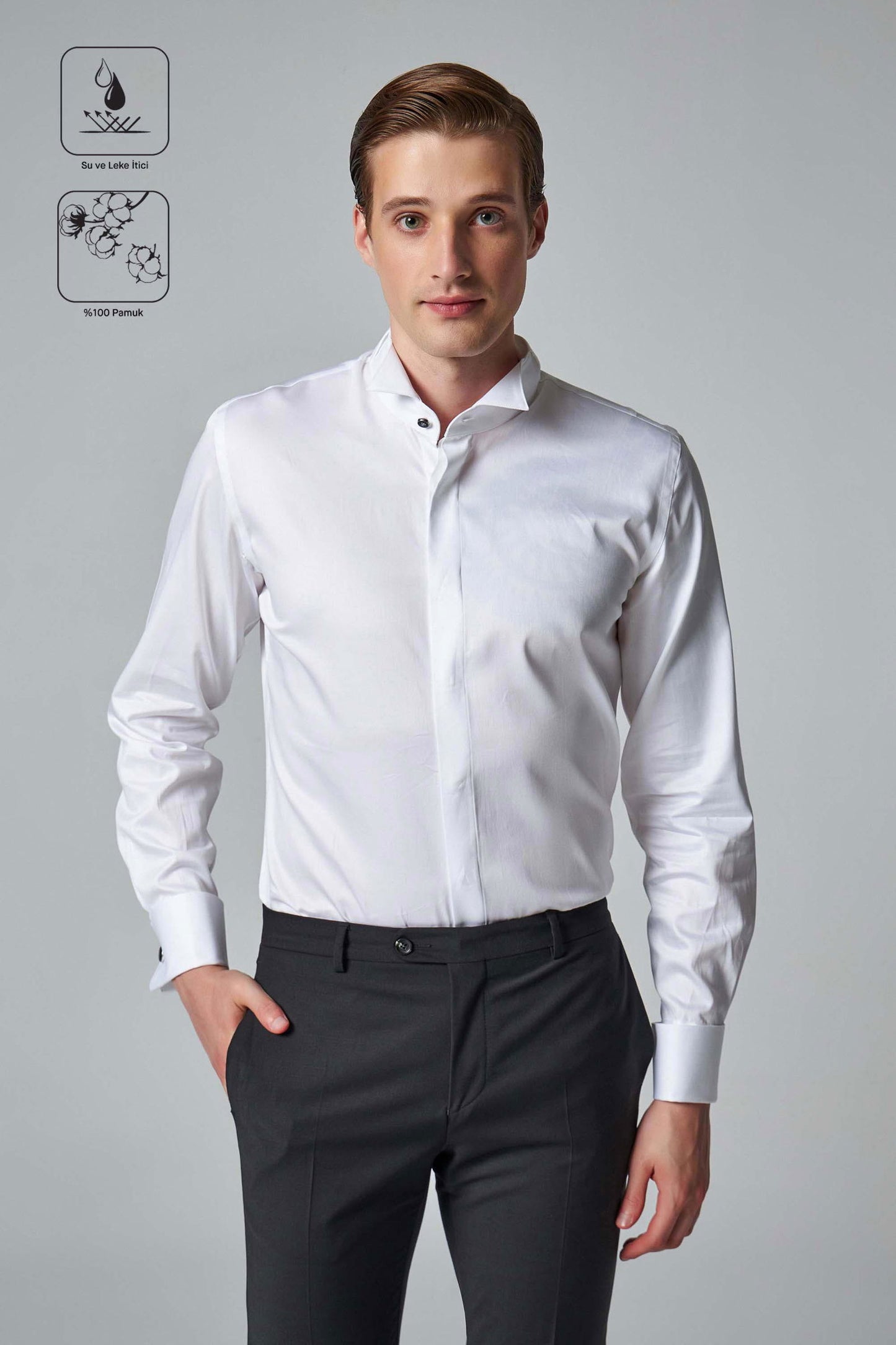 Damat Slim Fit Beyaz Düz %100 Pamuk Nano Care Smokin Gömlek