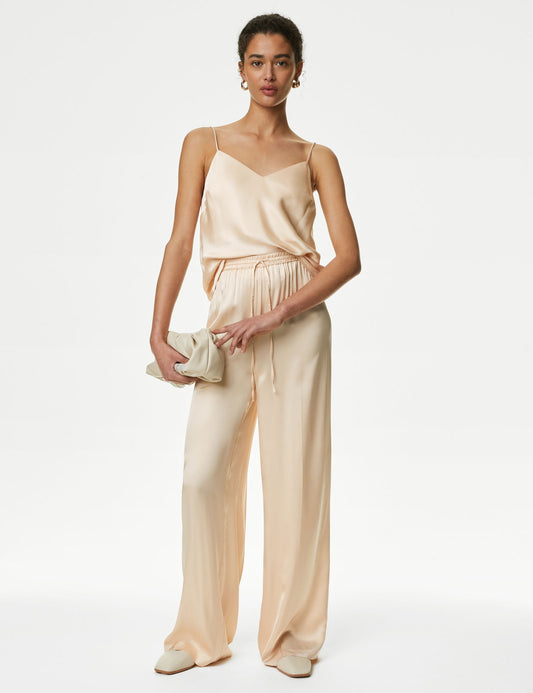 Yüksek Bel Wide Leg Saten Pantolon