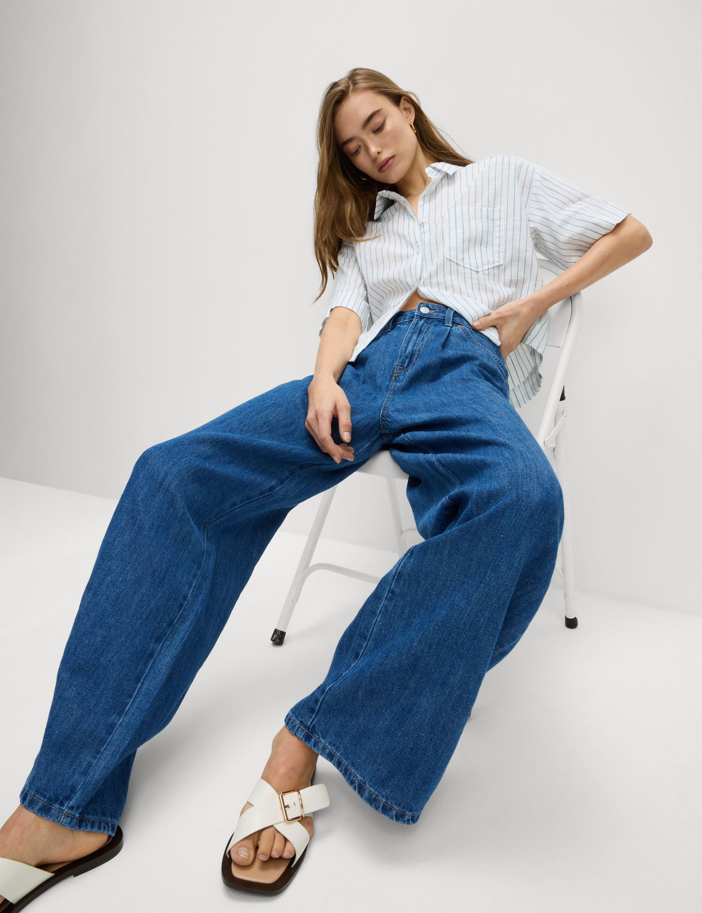 Keten Karışımlı Denim Geniş Paça Pantolon