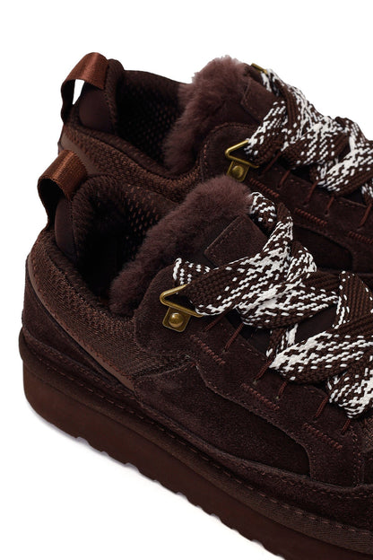 Kadın Kahverengi Bağcıklı Kalın Tabanlı Tüylü Süet Deri Teddy Sneaker