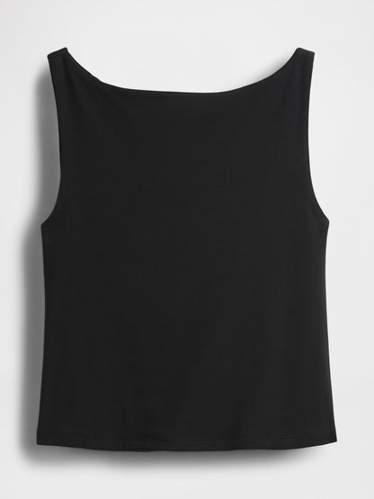 Siyah Closeknit Jersey Botneck Kısa Kolsuz Üst