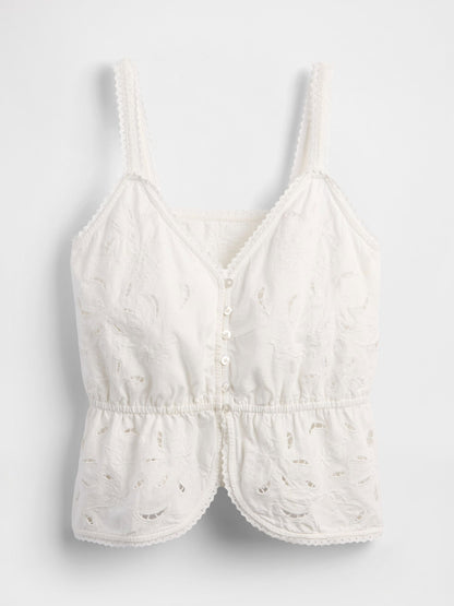 Beyaz Keten Karışımlı Eyelet Peplum Bluz