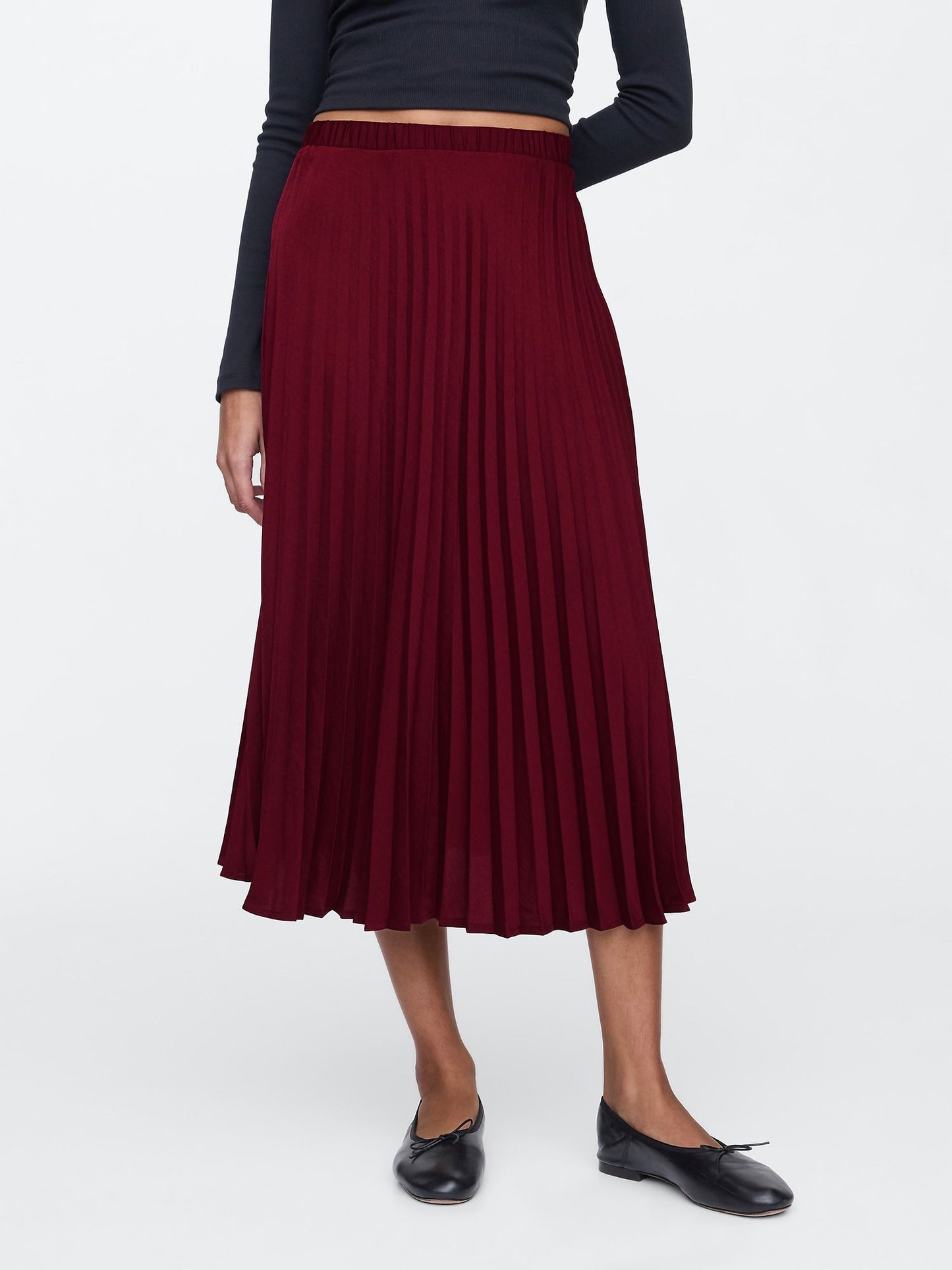 Bordo Pile Detaylı Saten Midi Etek