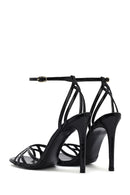 Kadın Siyah Bilekten Bağlamalı Ince Yüksek Topuklu Rugan Deri Sandalet