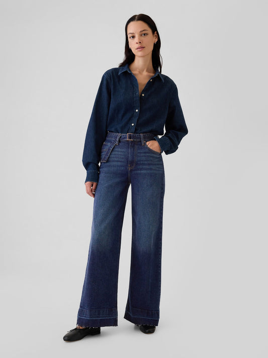 Lacivert High Rise Stride Belted Wide-leg Jean Pantolon