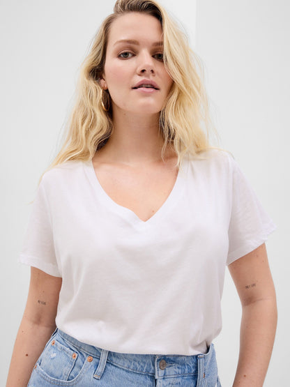 Beyaz Organik Pamuk Vintage V Yaka T-shirt