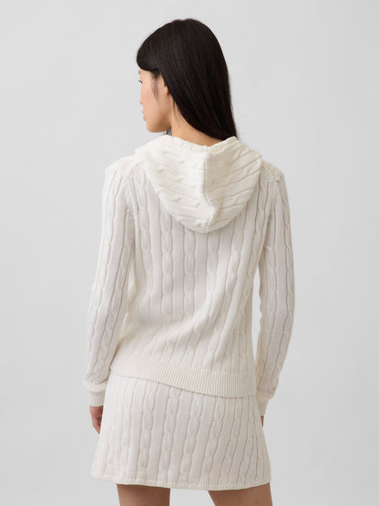 Beyaz %100 Pamuk Cable-knit Fermuarlı Hırka