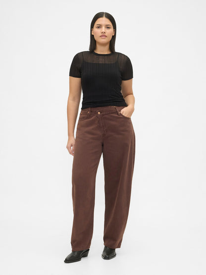 Kahverengi High Rise Ultrasoft Crossover Barrel Jean Pantolon