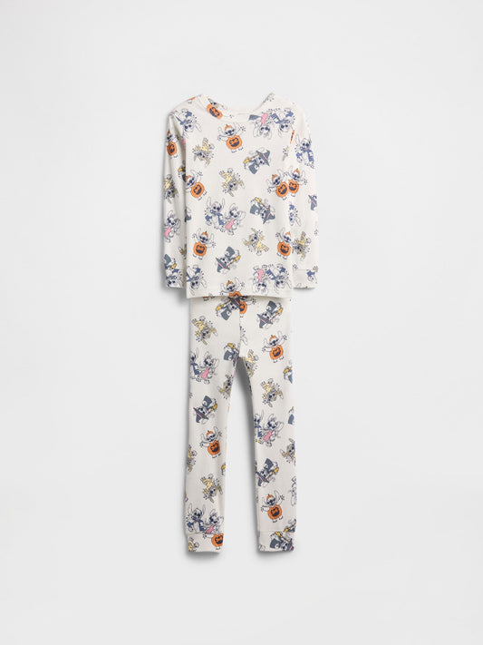 Beyaz %100 Organik Pamuk Stitch Grafik Baskılı Pijama Takımı