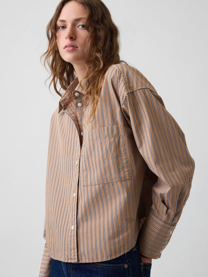 Açık Kahverengi Organik Pamuk Poplin Oversized Crop Gömlek
