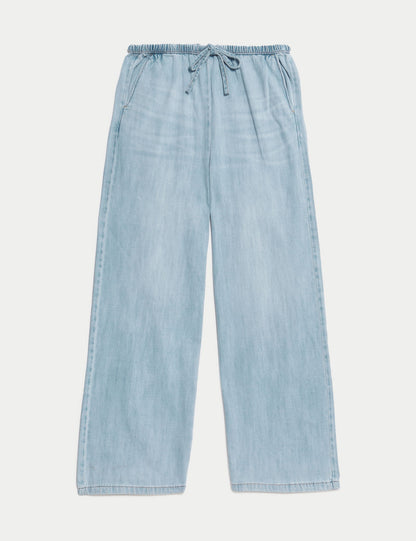 Denim Büzgülü Wide Leg Pantolon