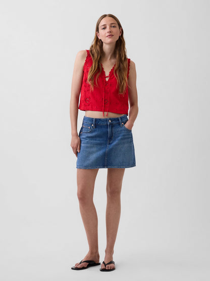 Beyaz Keten Karışımlı Işlemeli Crop Shell Askılı Bluz