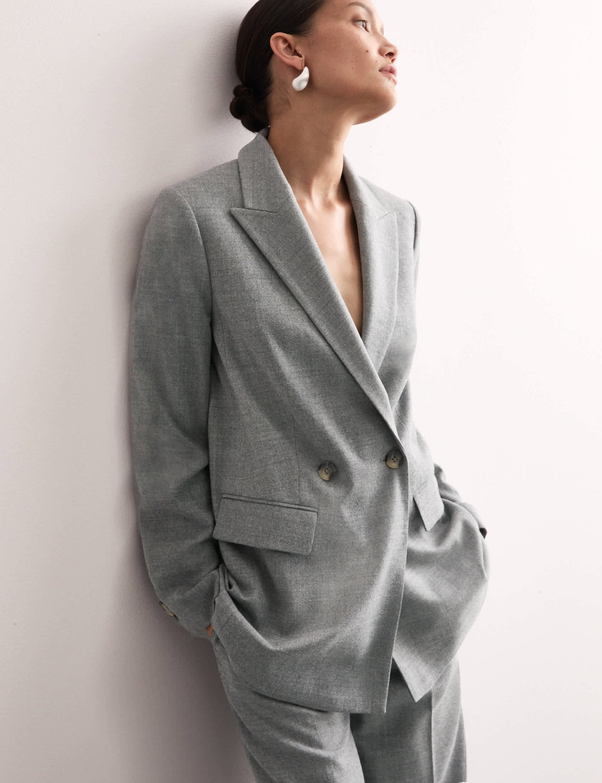 Yün Karışımlı Rahat Kruvaze Blazer Ceket