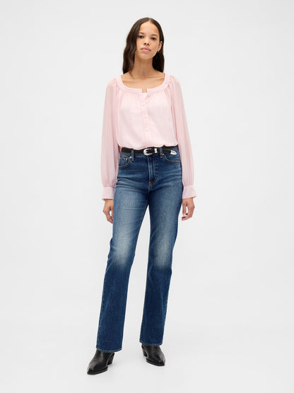 Açık Pembe Sheer Button-front Transparan Gömlek
