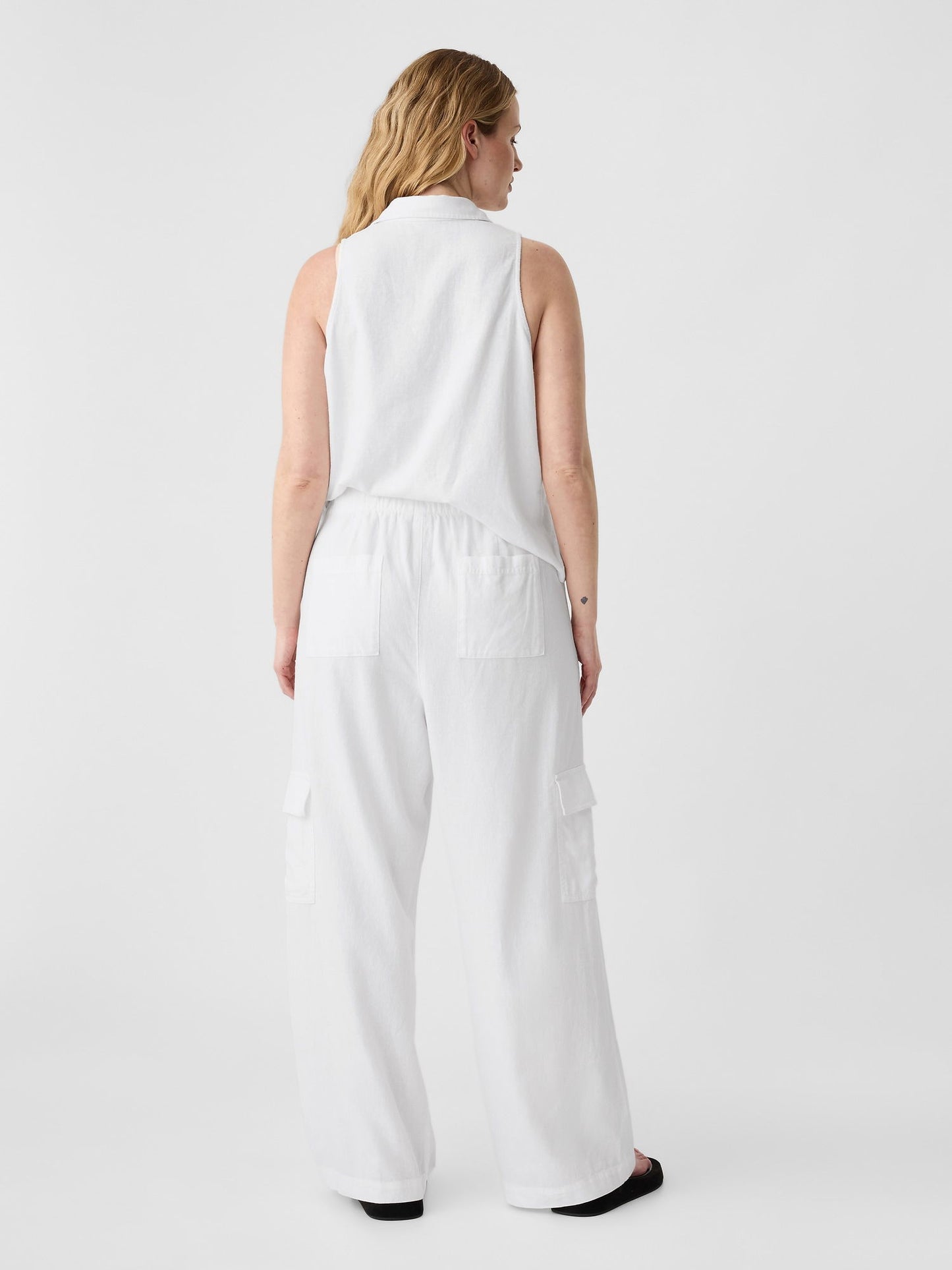 Beyaz Keten Karışımlı Wide-leg Kargo Pull-on Pantolon