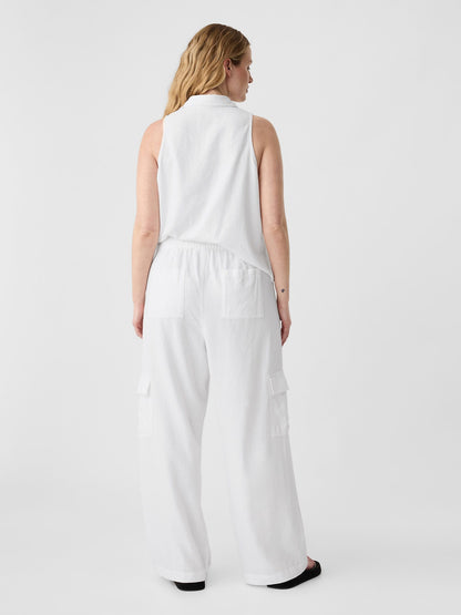 Beyaz Keten Karışımlı Wide-leg Kargo Pull-on Pantolon