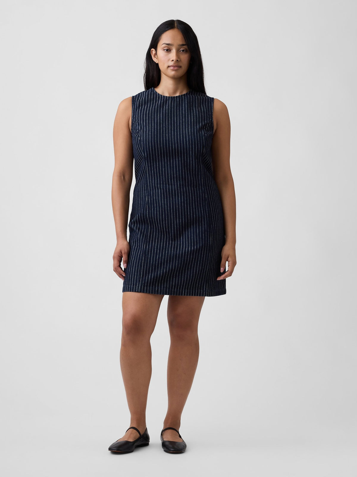 Koyu Mavi Kolsuz Çizgili Denim Mini Elbise