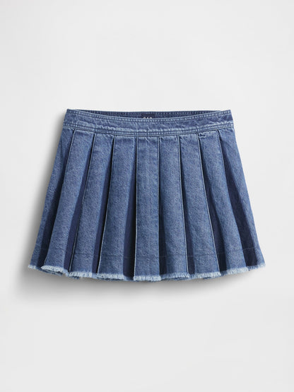 Koyu Mavi Pileli Denim Mini Etek