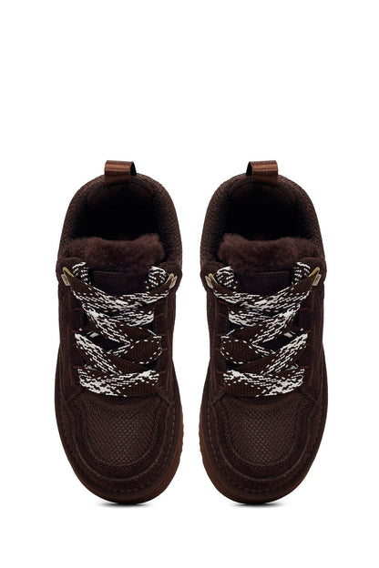 Kadın Kahverengi Bağcıklı Kalın Tabanlı Tüylü Süet Deri Teddy Sneaker