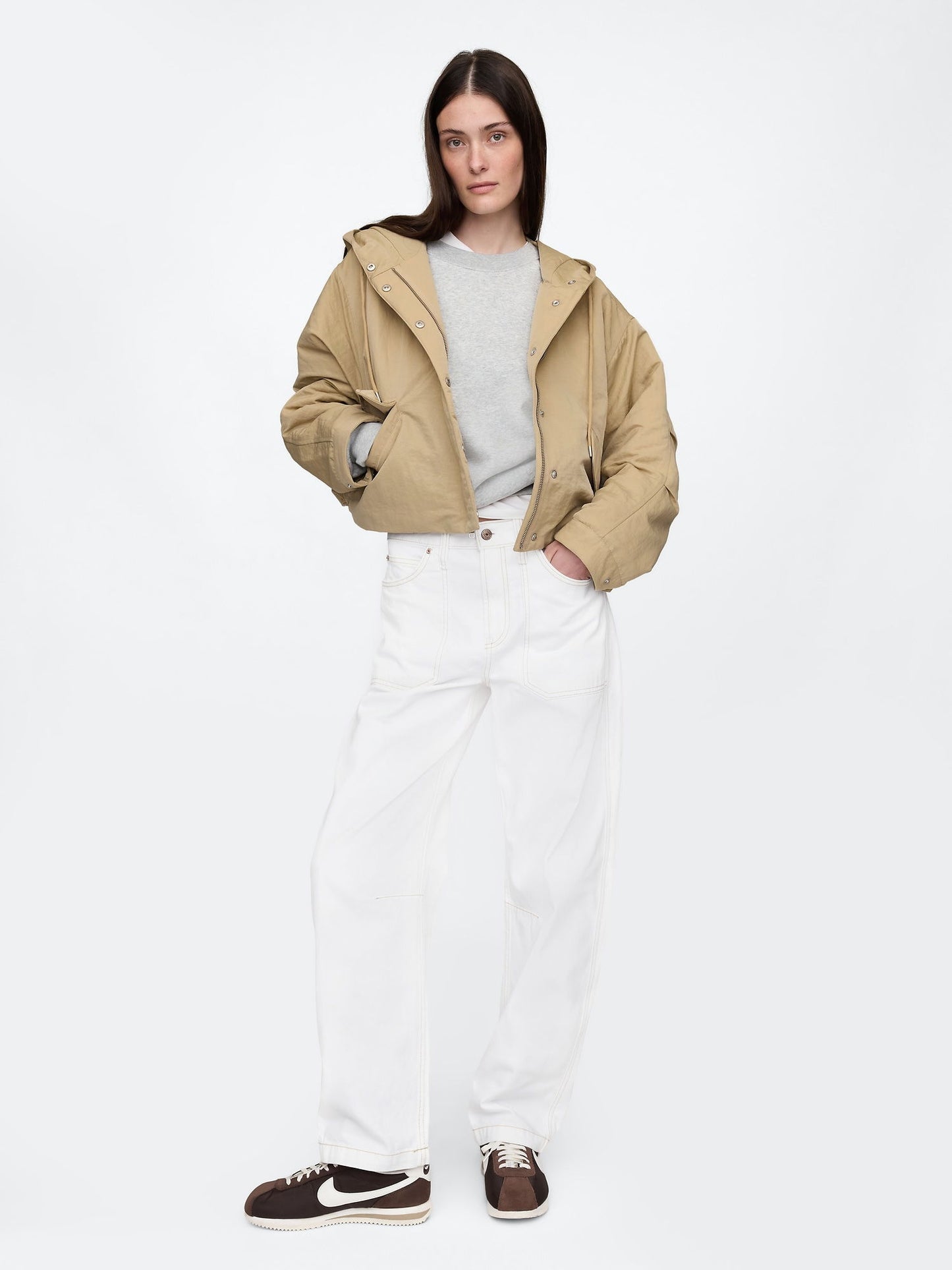 Bej Kapüşonlu Crop Ceket