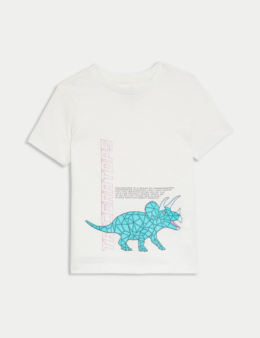 Saf Pamuklu Dinazor Desenli Kısa Kollu T-shirt (2-8 Yaş)