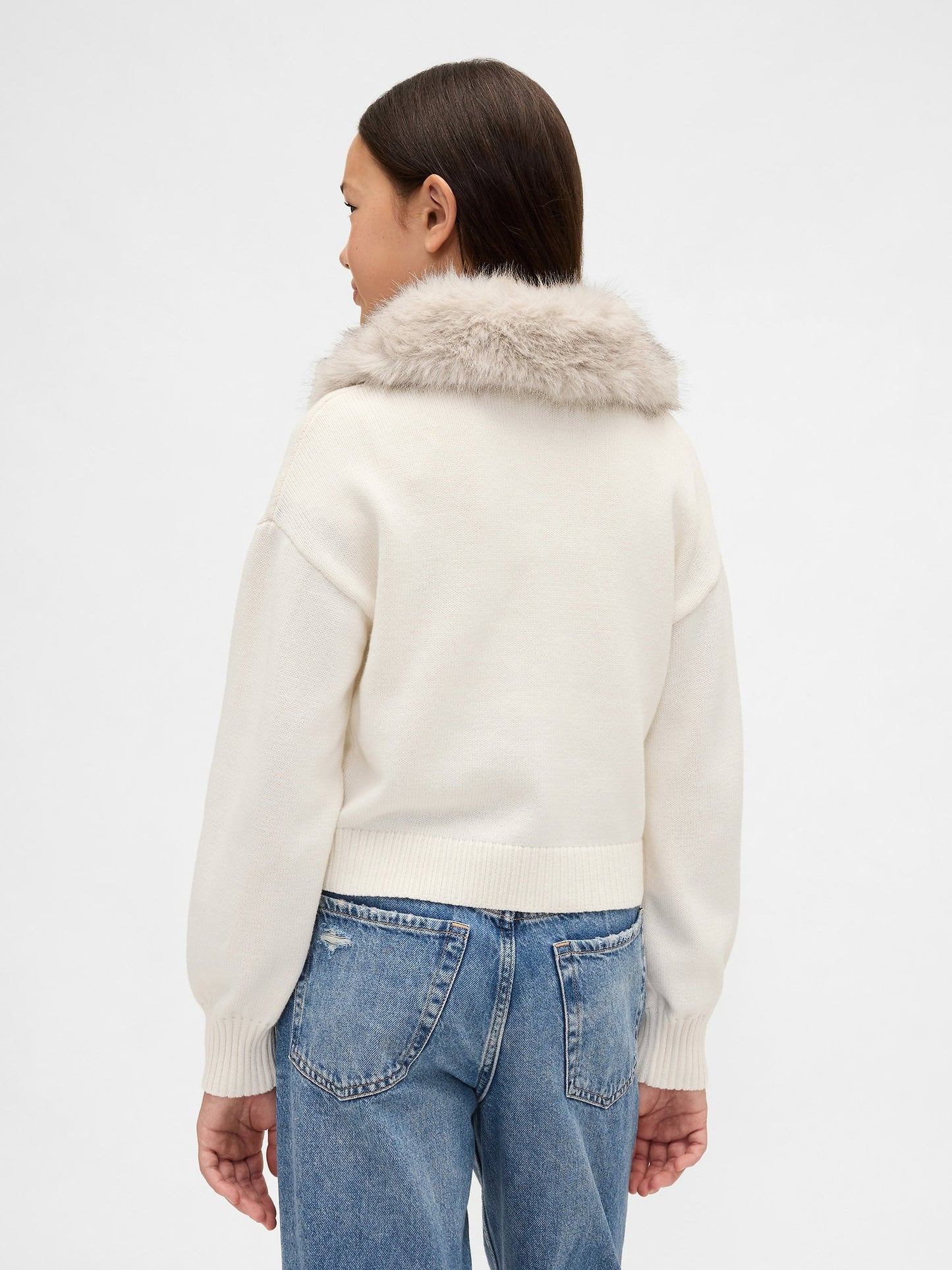 Krem Faux Fur-collar Triko Hırka