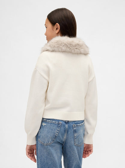 Krem Faux Fur-collar Triko Hırka