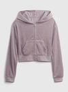 Mor Crop Kadife Fermuarlı Sweatshirt