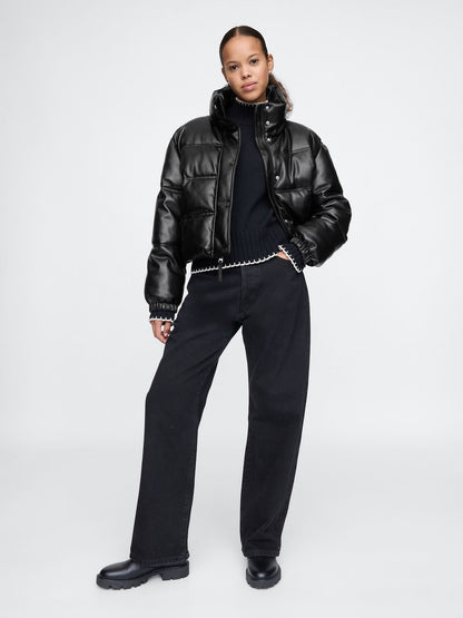 Siyah Vegan Deri Crop Puffer Şişme Mont