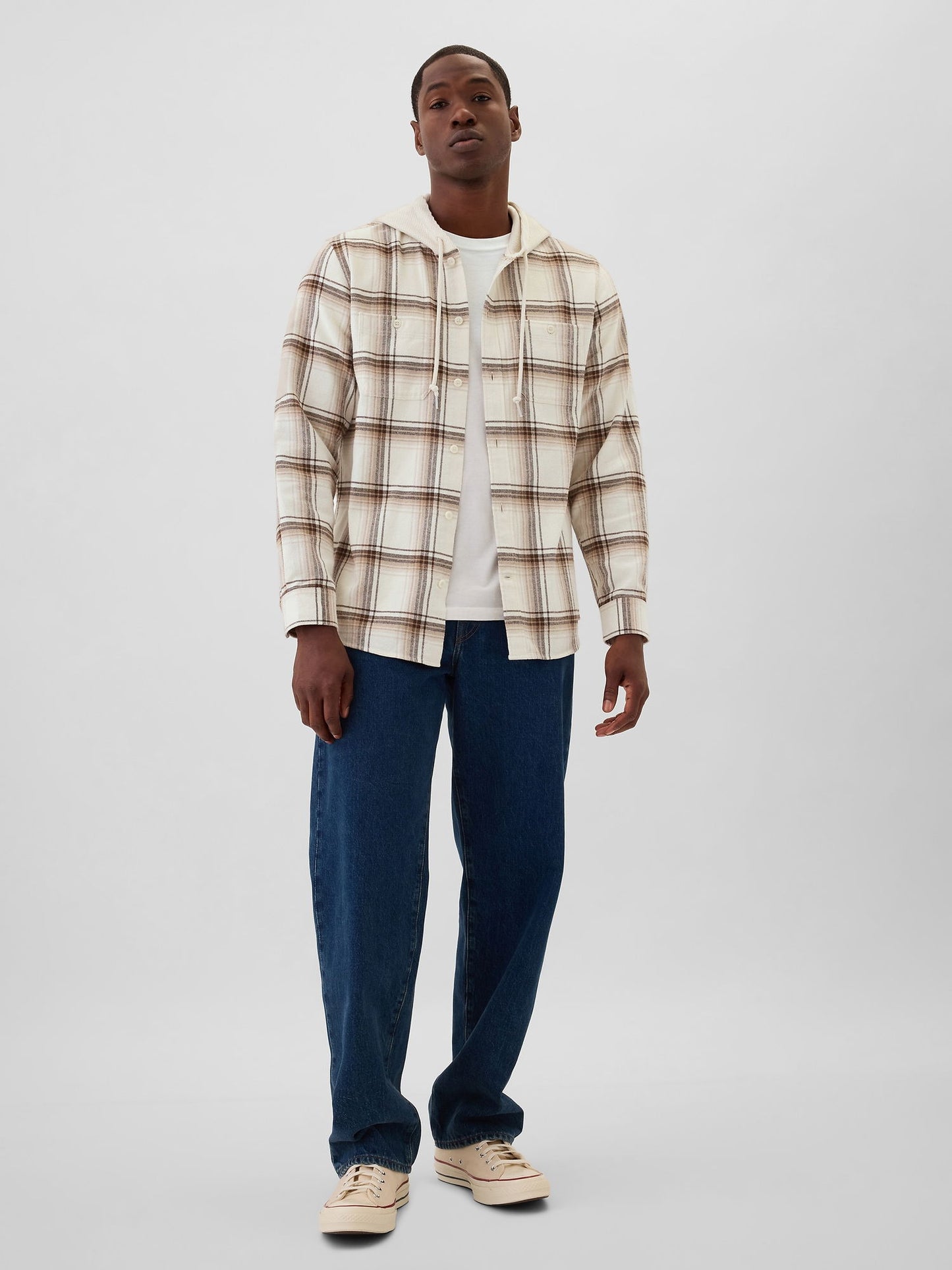 Kırık Beyaz Hoodie Standard Fit Flannel Gömlek