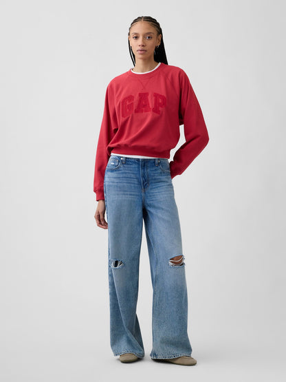Kırmızı Fransız Havlu Kumaş Raglan Logo Sweatshirt