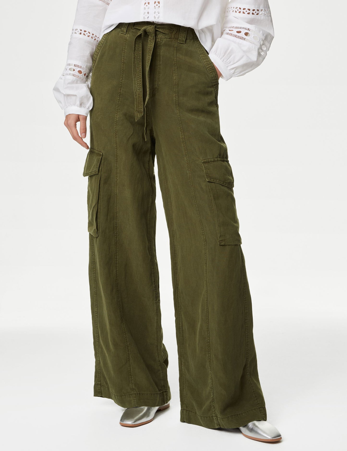 Wide Leg Keten Kargo Pantolon