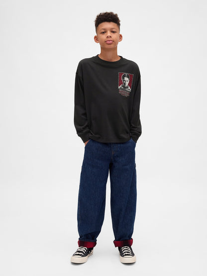 Siyah Stranger Things Grafik Baskılı T-shirt
