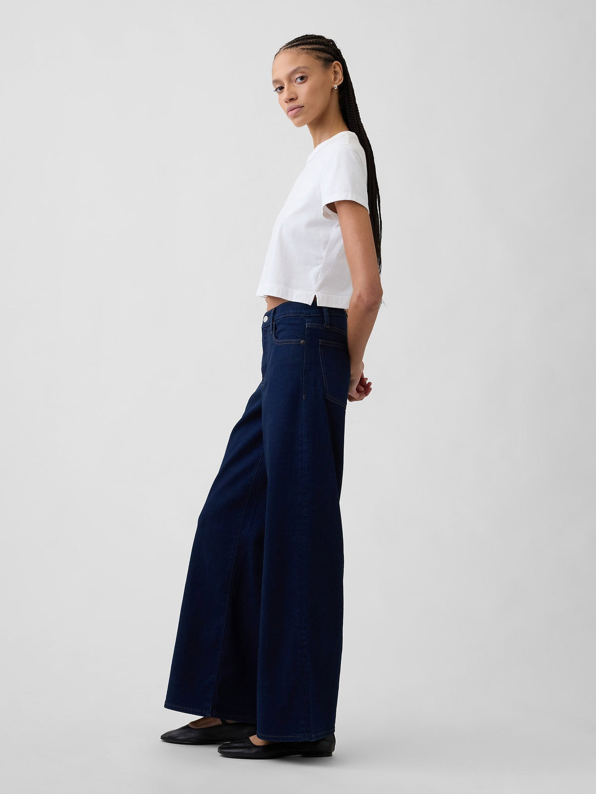 Koyu Mavi Mid Rise Wide-leg Jean Pantolon