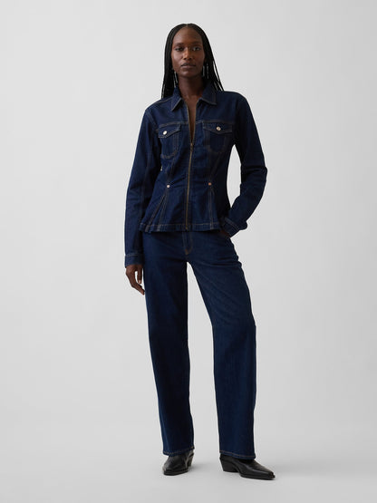 Koyu Mavi Denim Fermuarlı Peplum Ceket