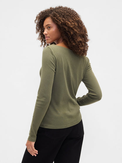 Yeşil Modern Boatneck Yakalı T-shirt