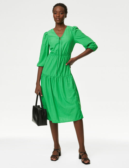 Regular Fit Dokulu Midi Elbise
