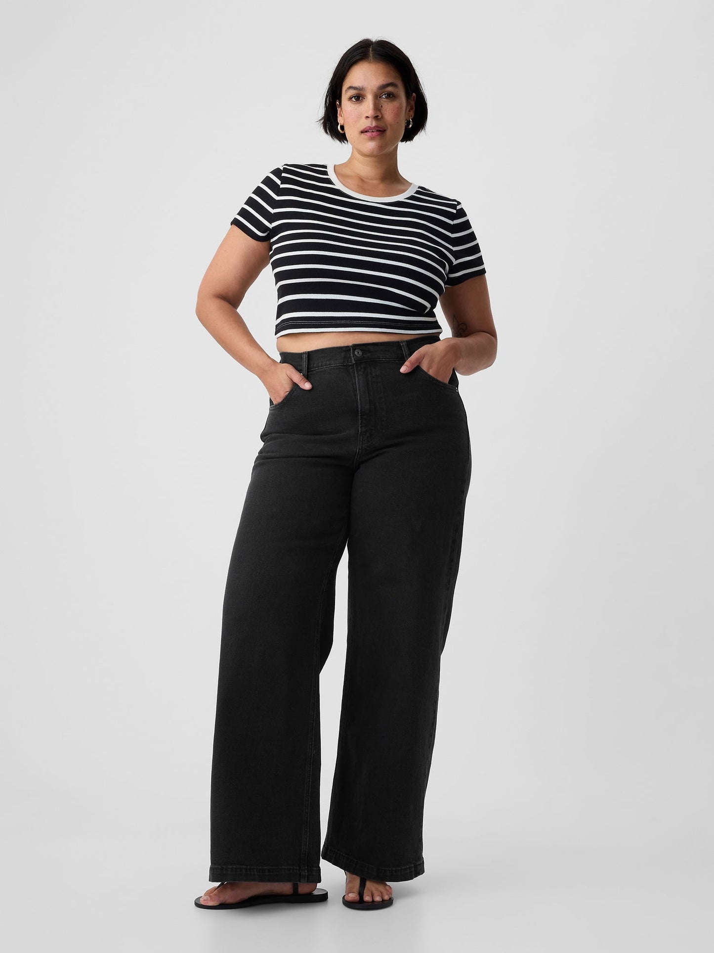 Siyah High Rise Stride Wide-leg Jean Pantolon